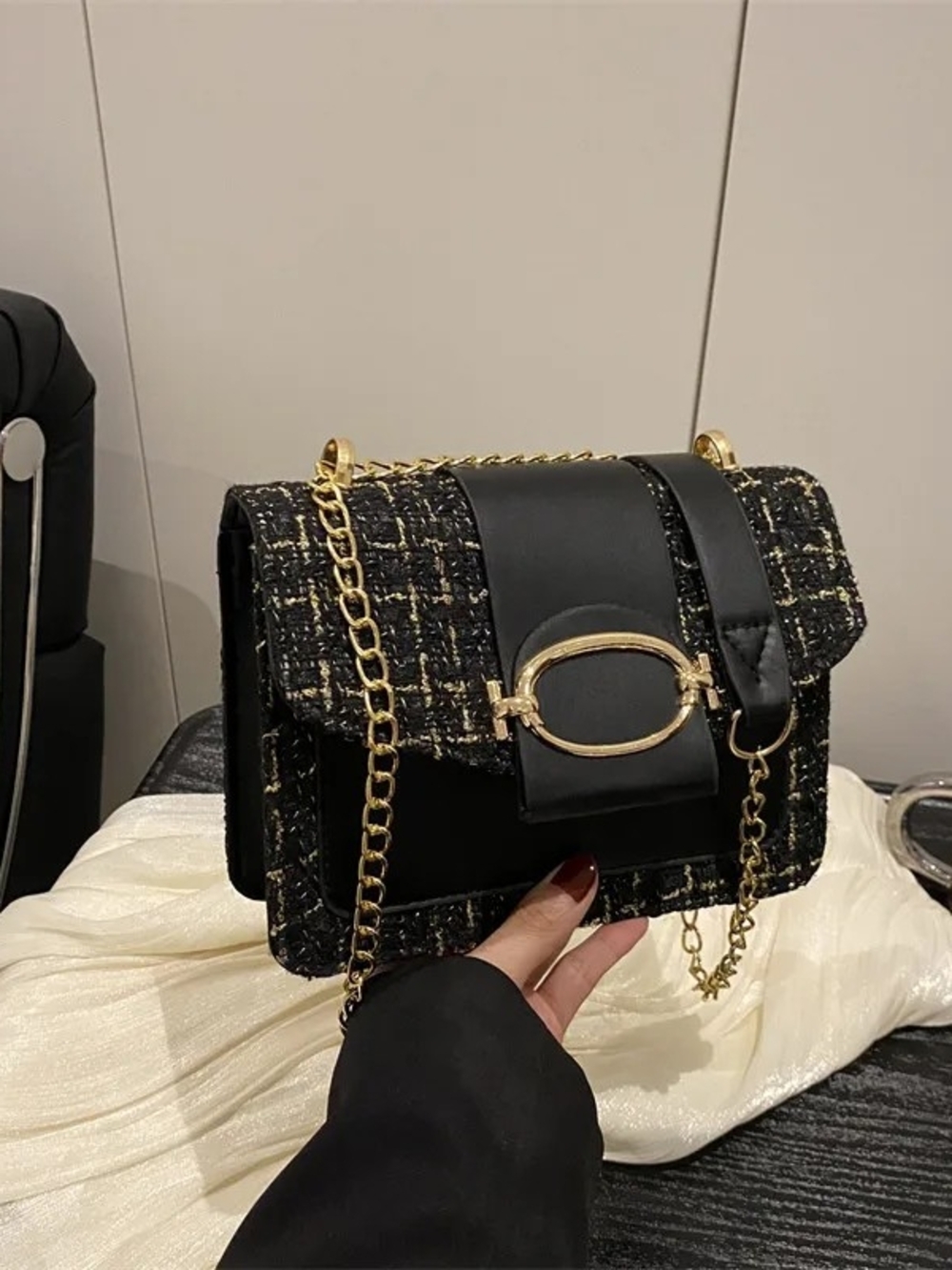 Black Tweed Chain Shoulder Bag with Gold Hardware